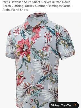 Men's Floral Hawaiian Short-Sleeve Shirt - Gray with Pink Floral Size Medium